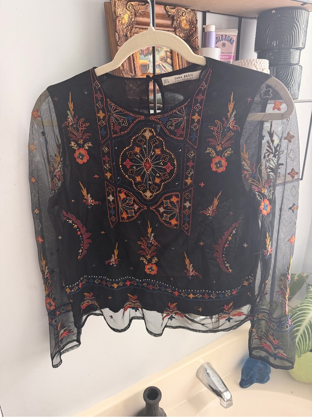 Zara Black Sheer Mesh Embroidered Floral Boho Blouse Long Sleeve Size Small